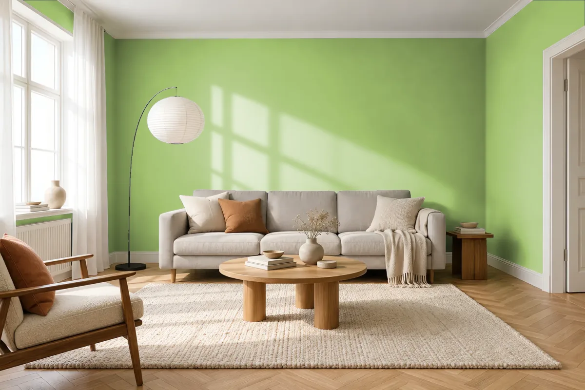 Краска PANTONE 14-0232 Jade Lime — гостиная в скандинавском стиле