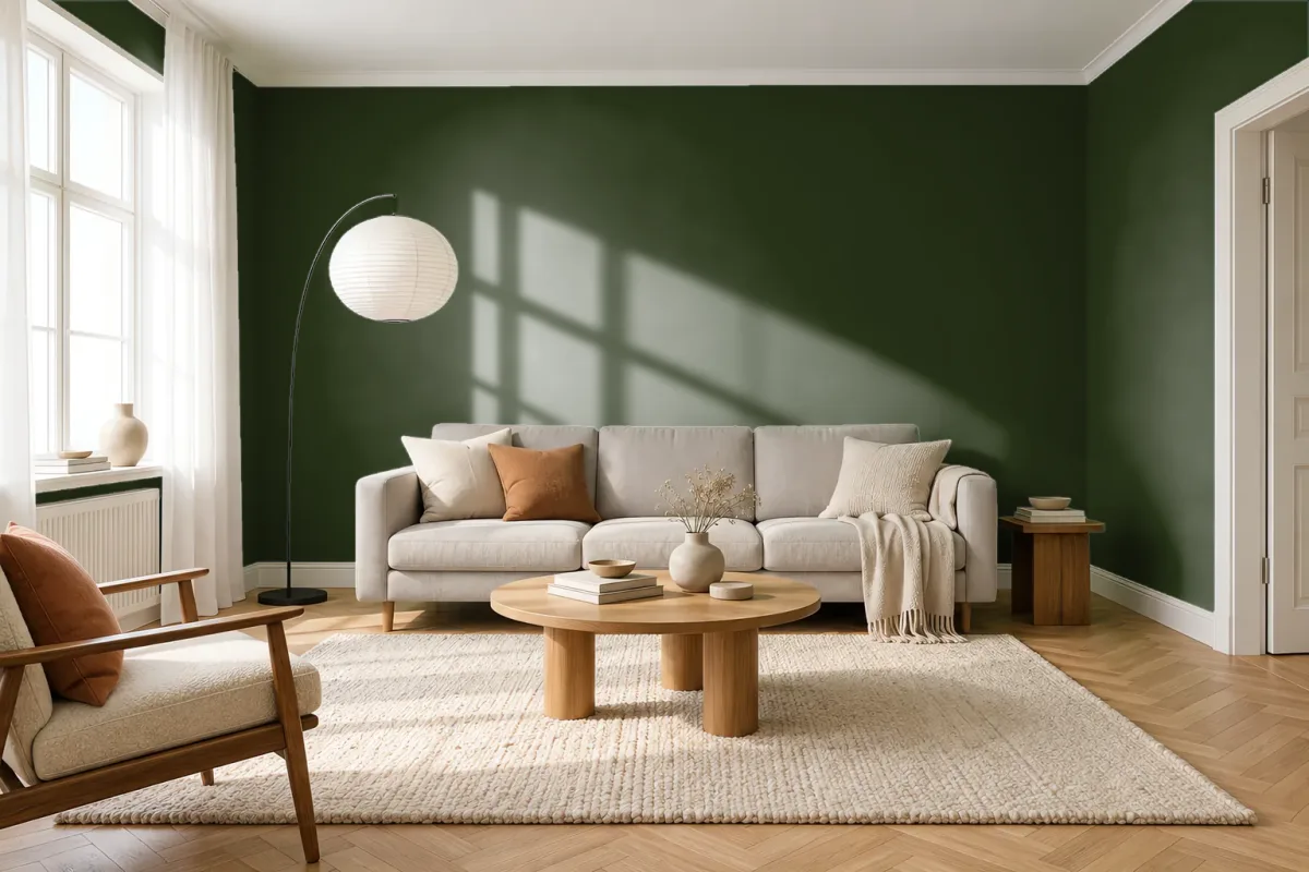 Краска PANTONE 19-0417 Kombu Green — гостиная в скандинавском стиле