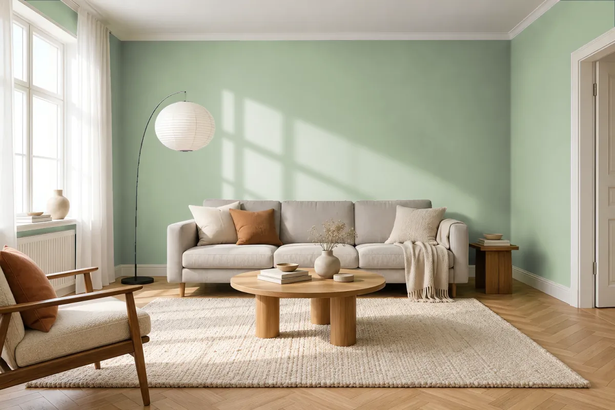 Краска PANTONE 15-6313 Laurel Green — гостиная в скандинавском стиле