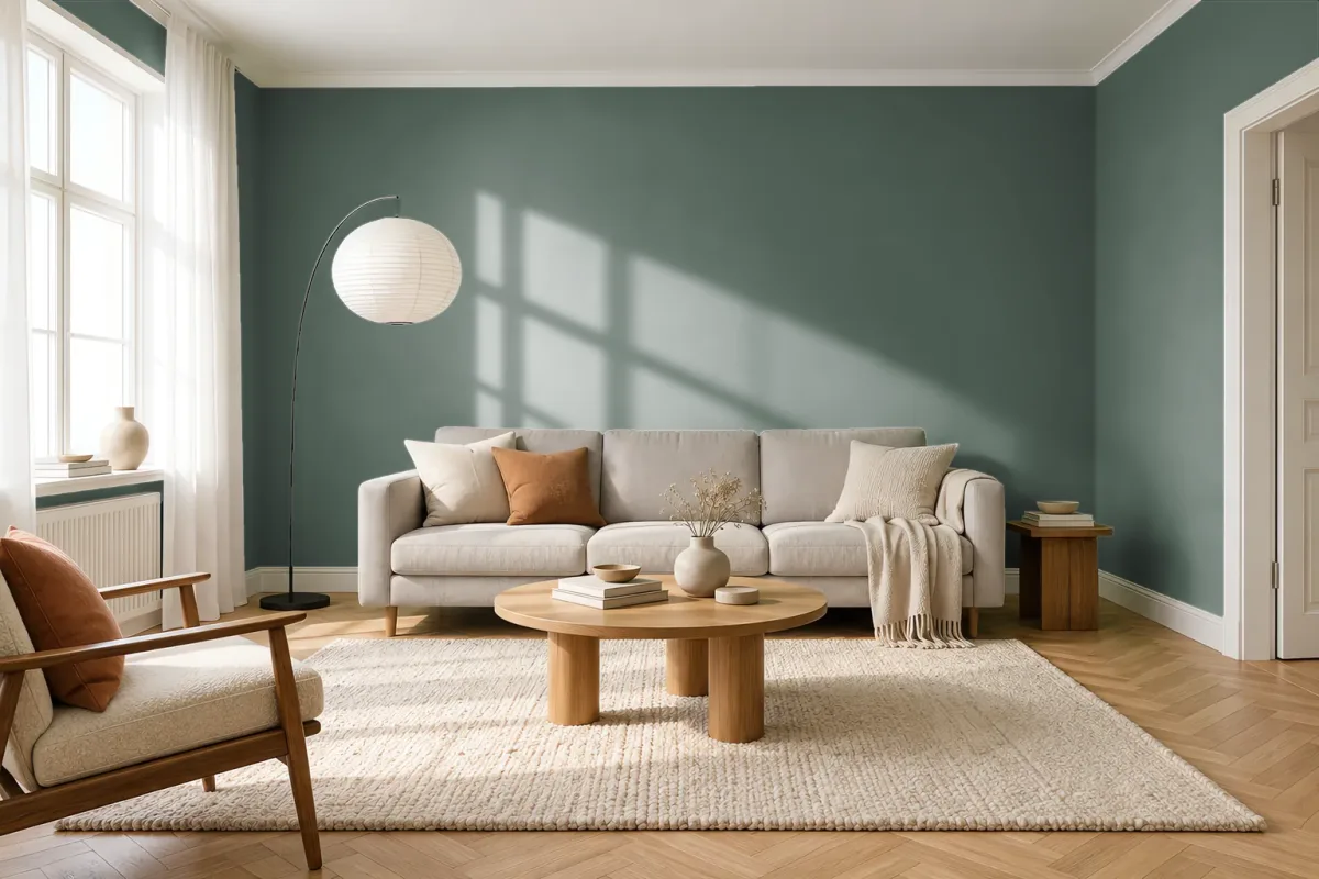 Краска PANTONE 17-6009 Laurel Wreath — гостиная в скандинавском стиле