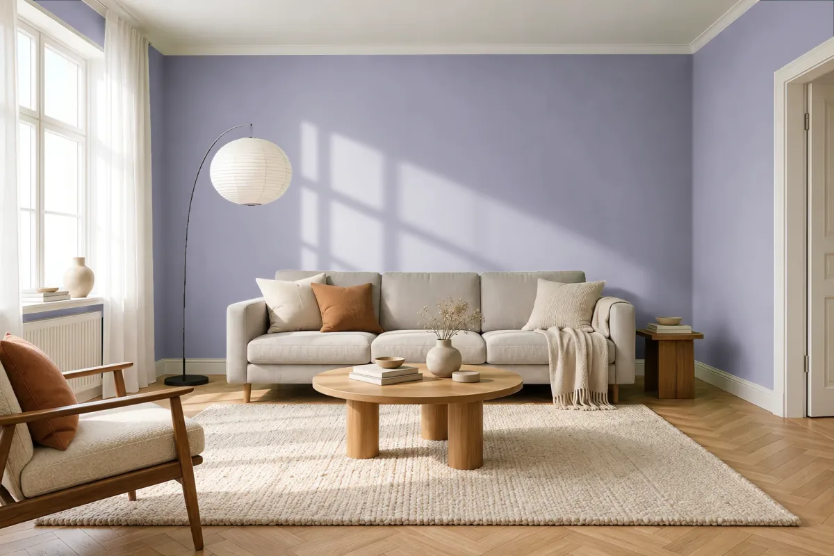 Краска PANTONE 16-3911 Lavender Aura — гостиная в скандинавском стиле