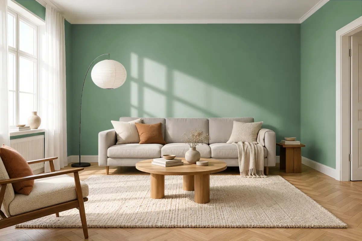 Краска PANTONE 17-0210 Loden Frost — гостиная в скандинавском стиле