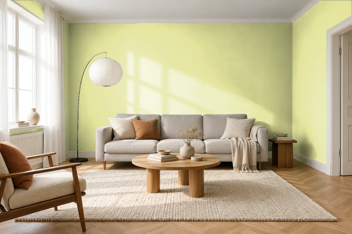 Краска PANTONE 12-0525 Luminary Green — гостиная в скандинавском стиле