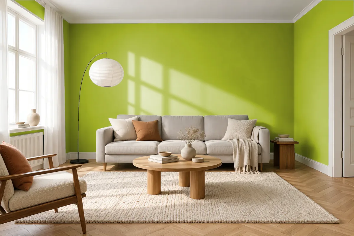 Краска PANTONE 16-0230 Macaw Green — гостиная в скандинавском стиле