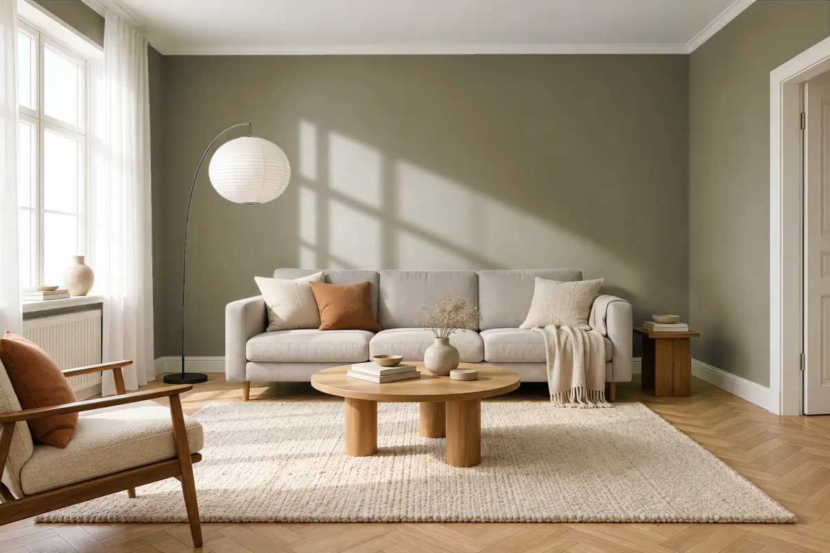 Краска PANTONE 18-0625 Martini Olive — гостиная в скандинавском стиле