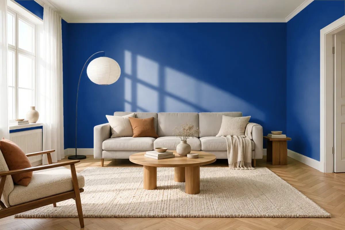 Краска PANTONE 19-3864 Mazarine Blue — гостиная в скандинавском стиле