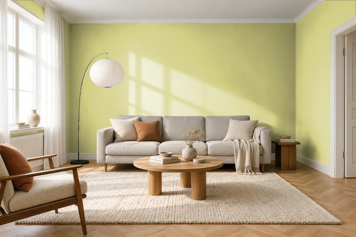 Краска PANTONE 12-0426 Mellow Green — гостиная в скандинавском стиле