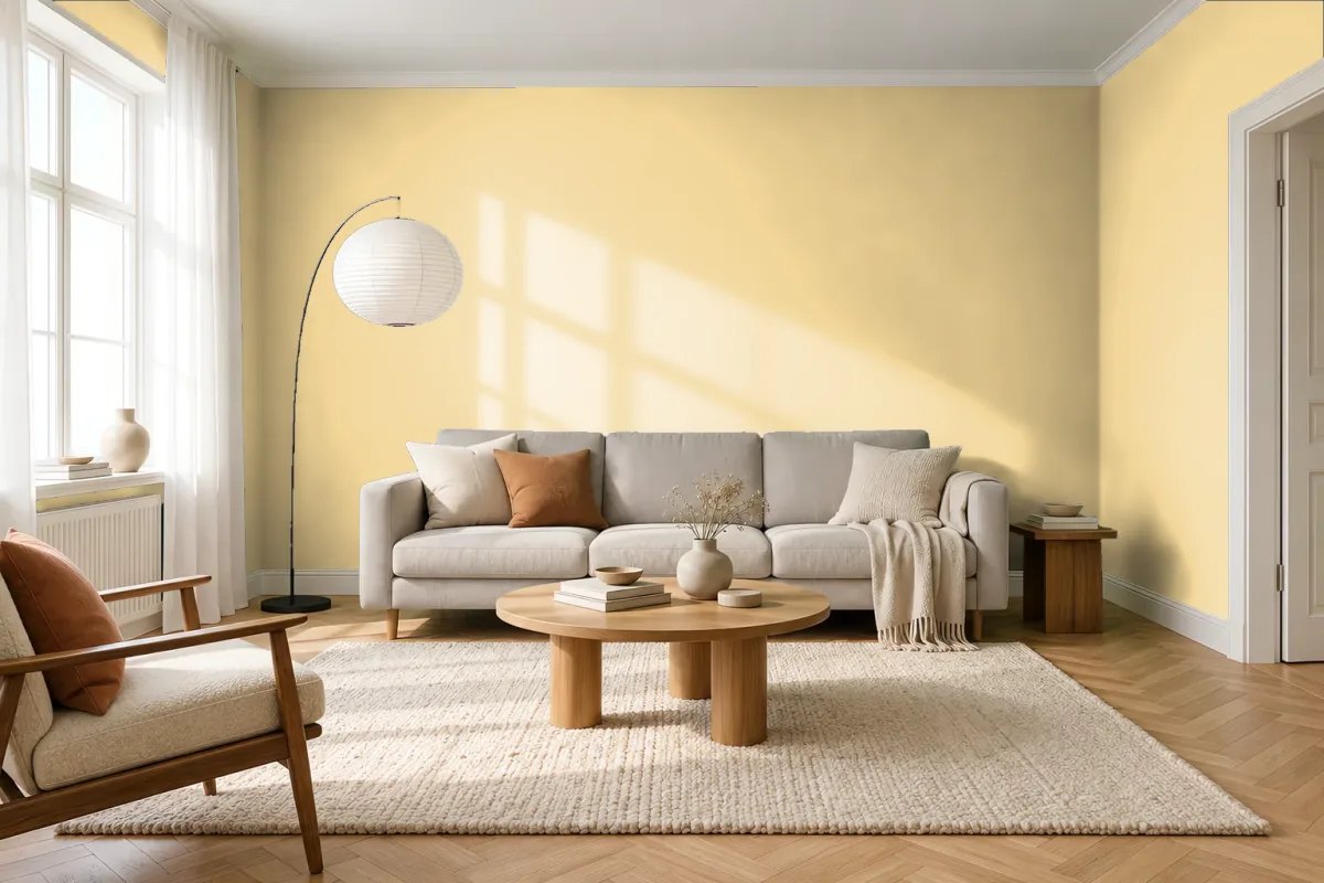Краска PANTONE 12-0720 Mellow Yellow — гостиная в скандинавском стиле