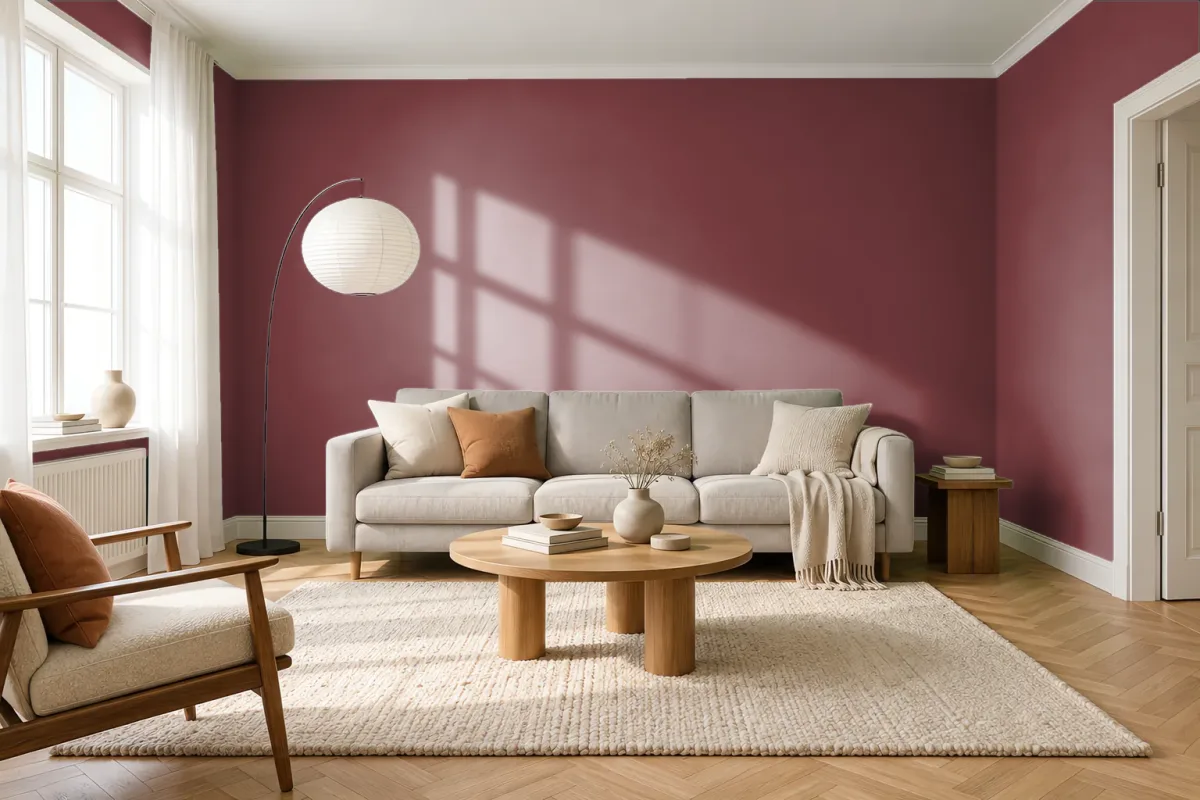 Краска PANTONE 19-1534 Merlot — гостиная в скандинавском стиле