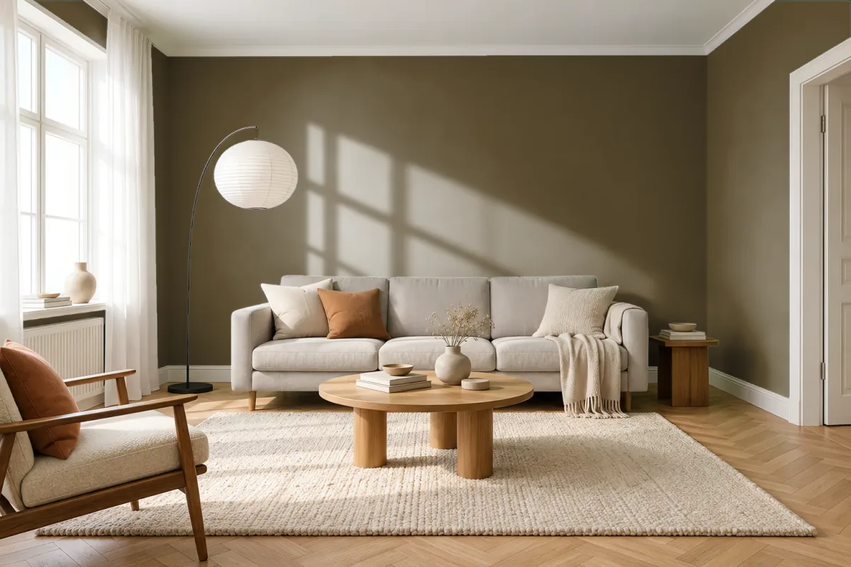 Краска PANTONE 19-0622 Military Olive — гостиная в скандинавском стиле