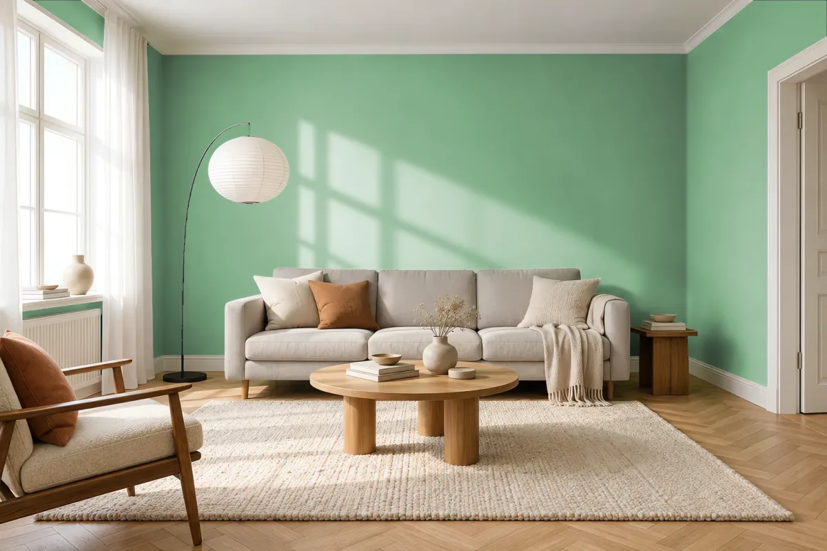 Краска PANTONE 15-6120 Ming — гостиная в скандинавском стиле