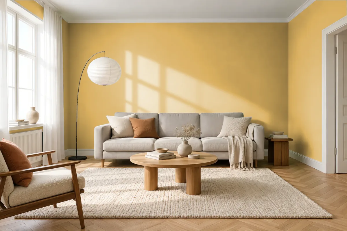 Краска PANTONE 14-0837 Misted Yellow — гостиная в скандинавском стиле