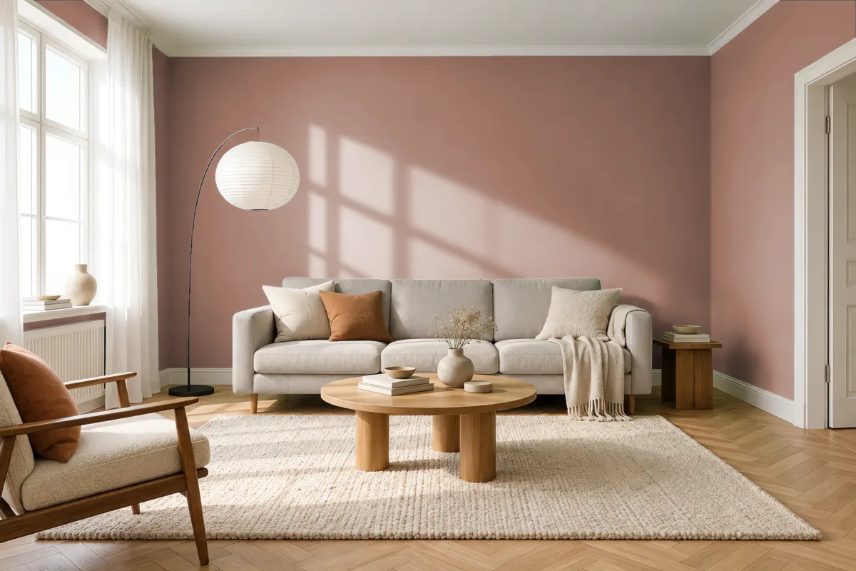 Краска PANTONE 17-1230 Mocha Mousse — гостиная в скандинавском стиле