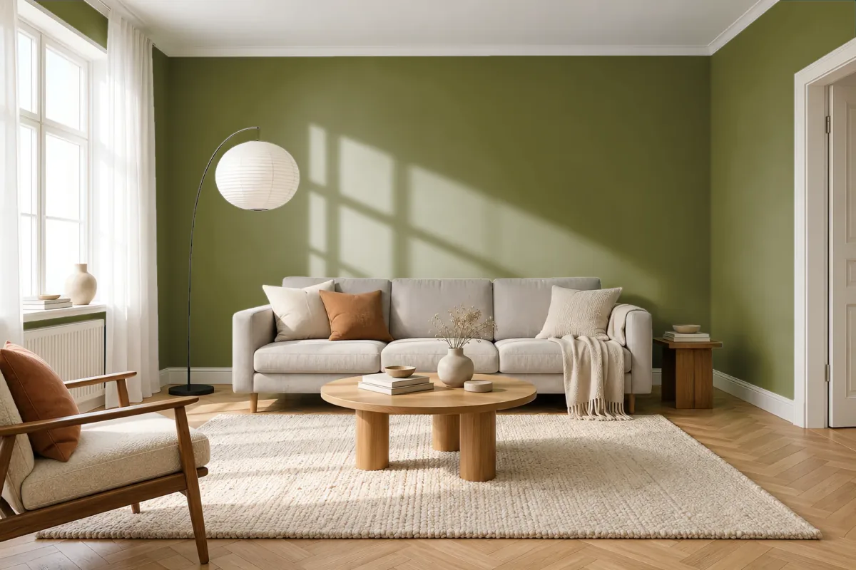 Краска PANTONE 18-0527 Olive Branch — гостиная в скандинавском стиле