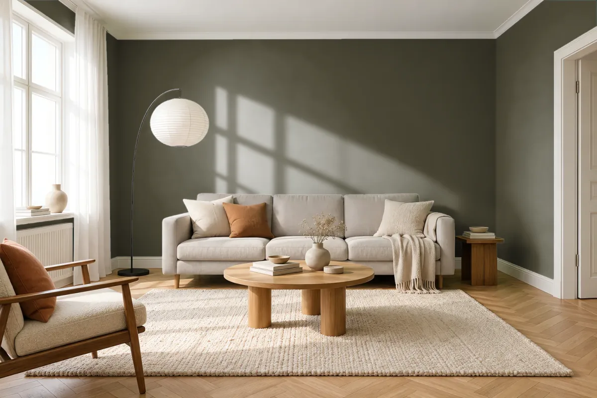 Краска PANTONE 19-0515 Olive Night — гостиная в скандинавском стиле