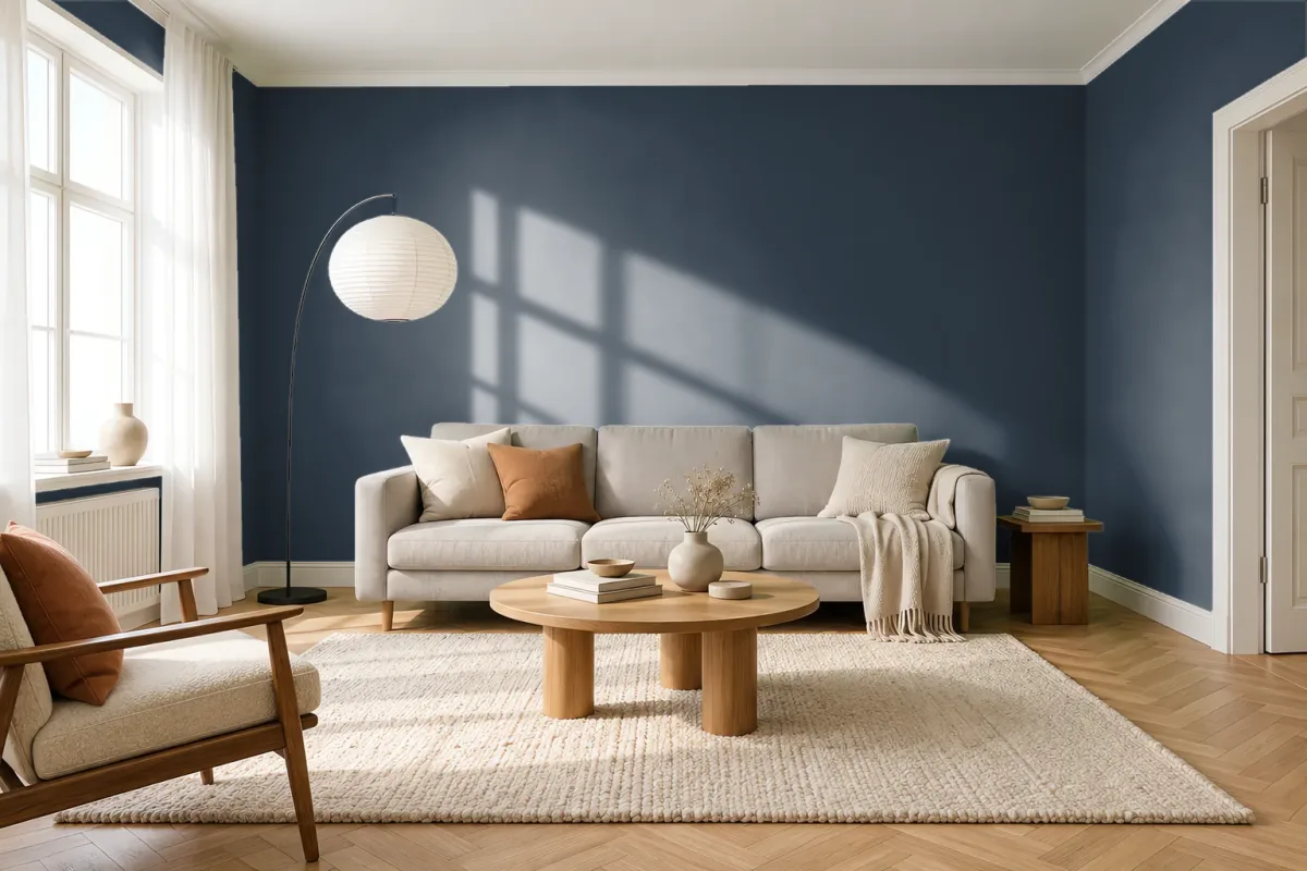 Краска PANTONE 19-4014 Ombre Blue — гостиная в скандинавском стиле