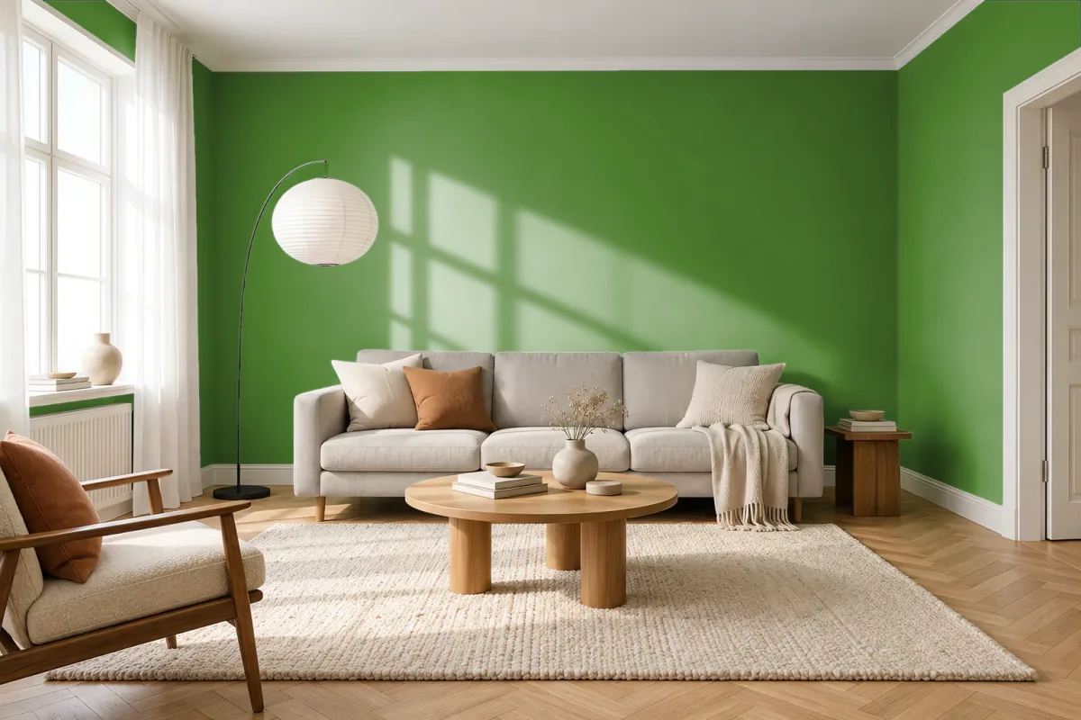 Краска PANTONE 17-0145 Online Lime — гостиная в скандинавском стиле