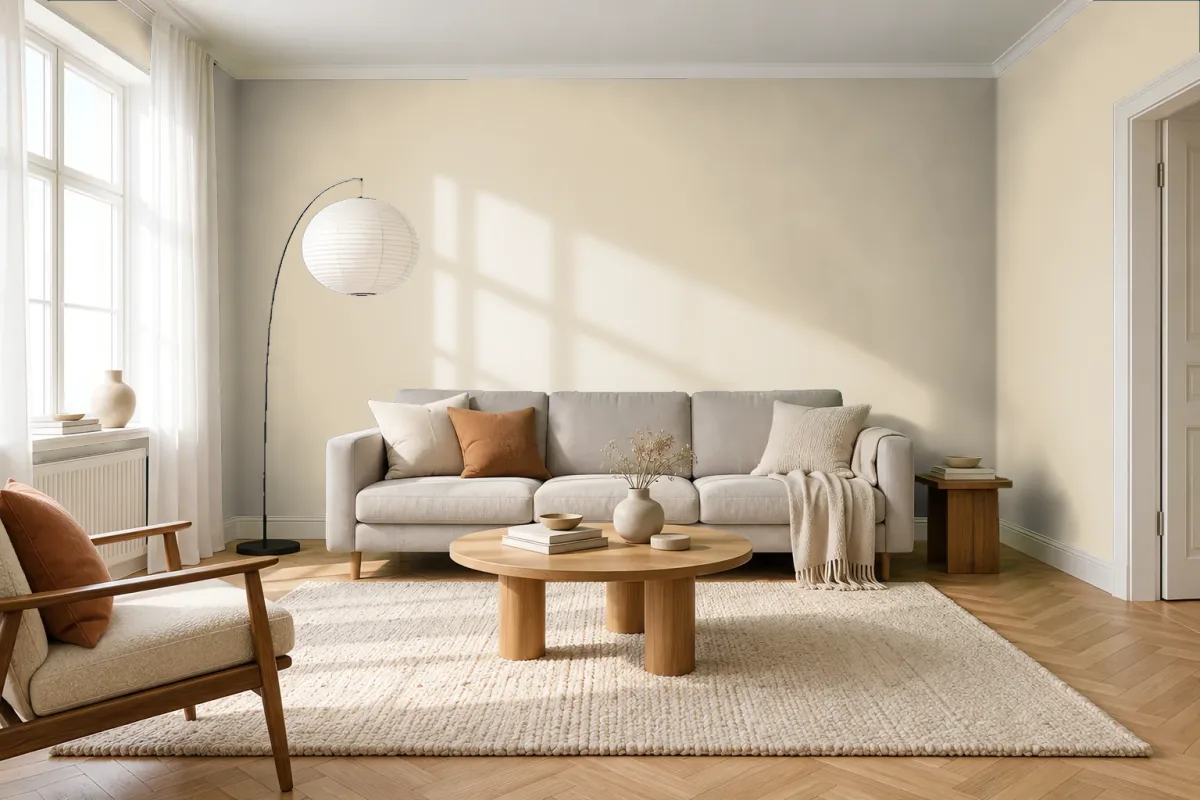 Краска PANTONE 13-1007 Oyster White — гостиная в скандинавском стиле