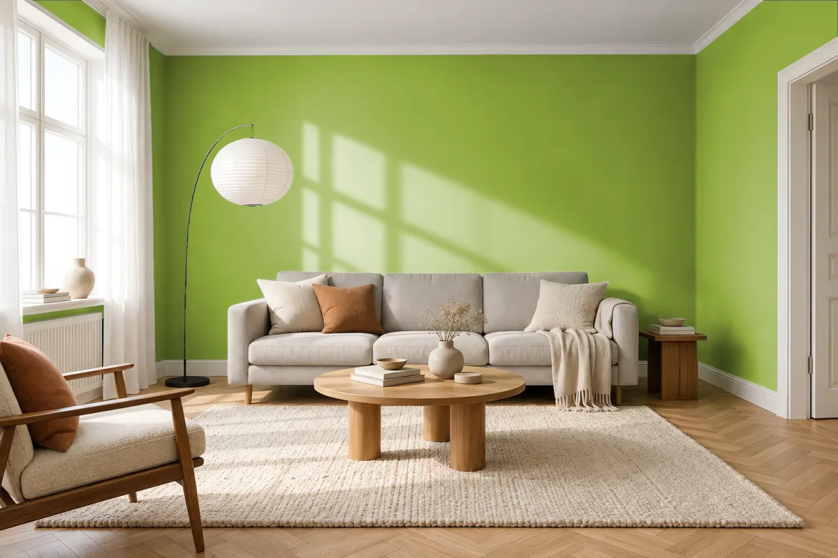 Краска PANTONE 15-0341 Parrot Green — гостиная в скандинавском стиле
