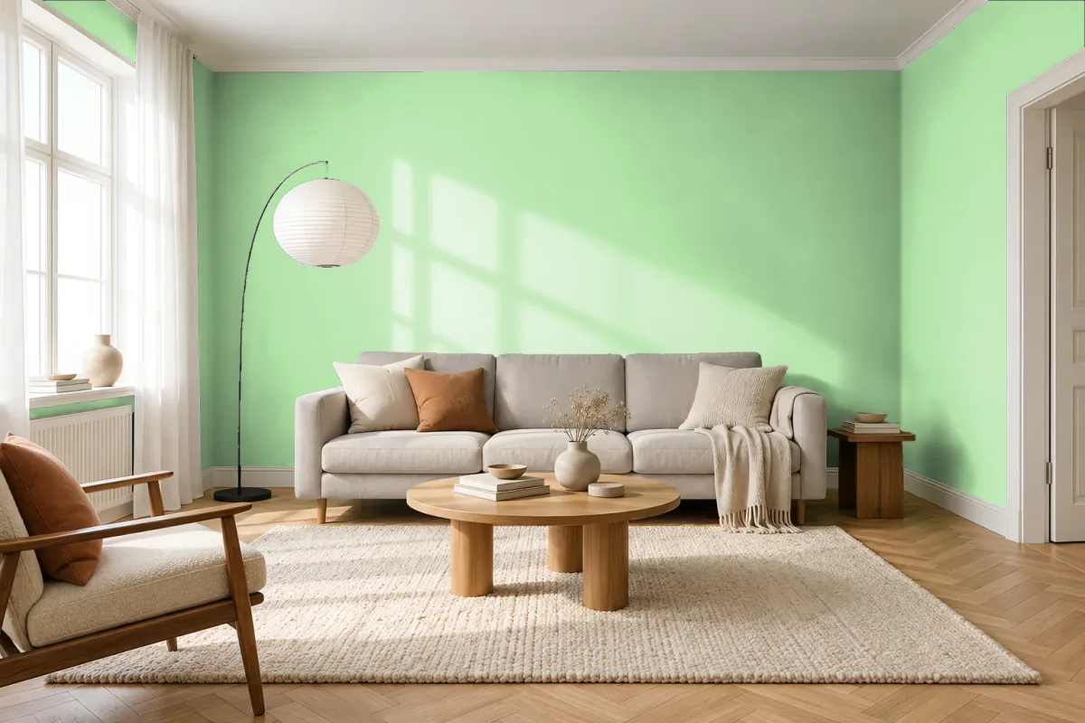 Краска PANTONE 12-0225 Patina Green — гостиная в скандинавском стиле
