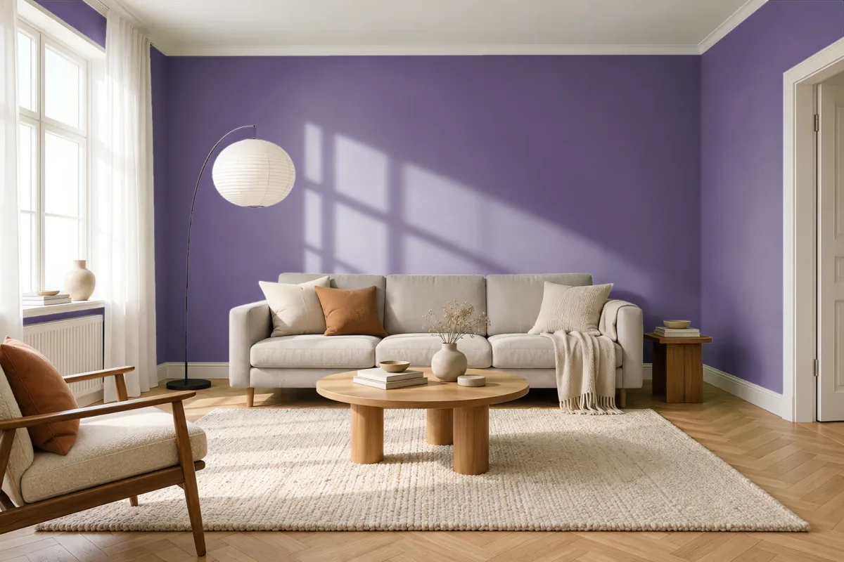 Краска PANTONE 18-3518 Patrician Purple — гостиная в скандинавском стиле