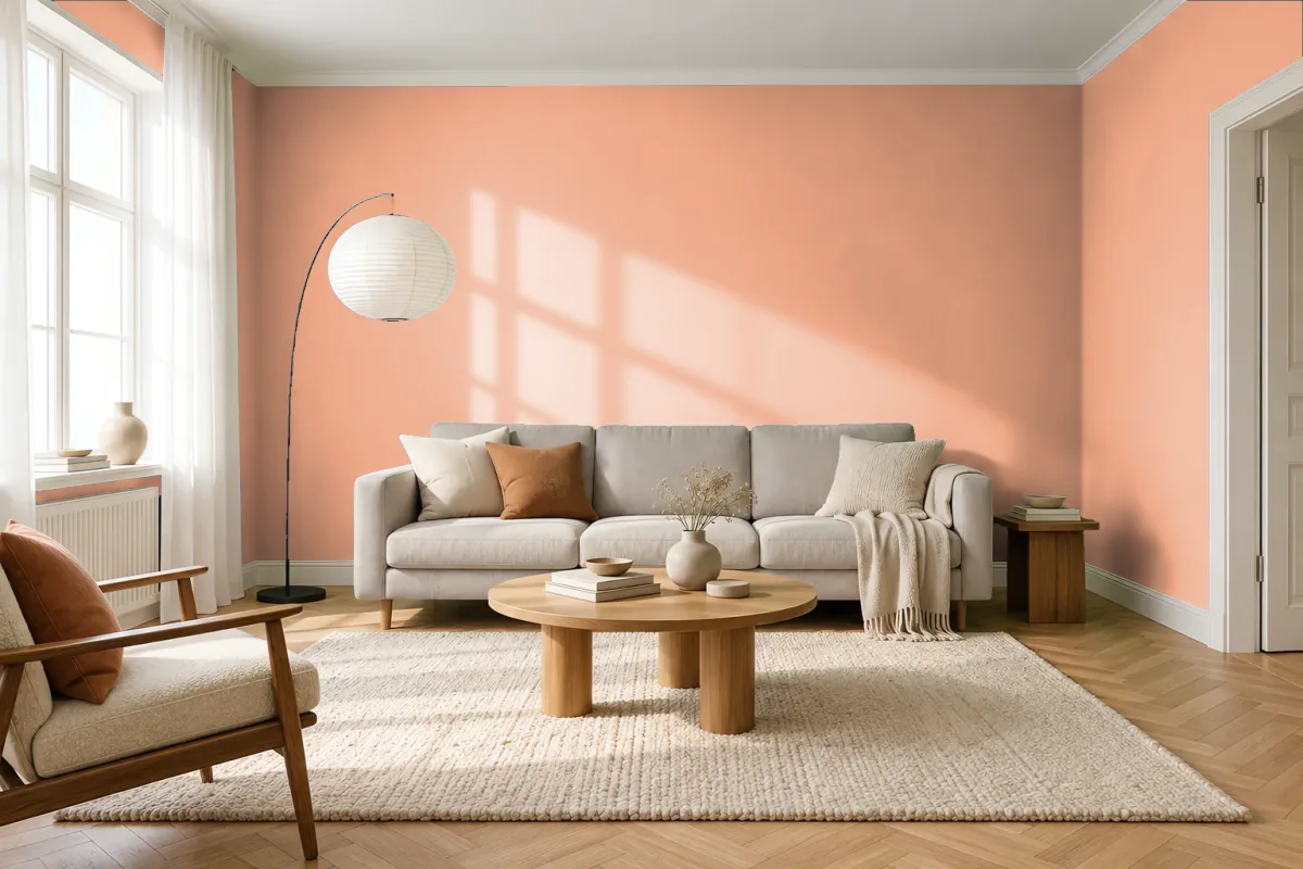 Краска PANTONE 14-1227 Peach — гостиная в скандинавском стиле