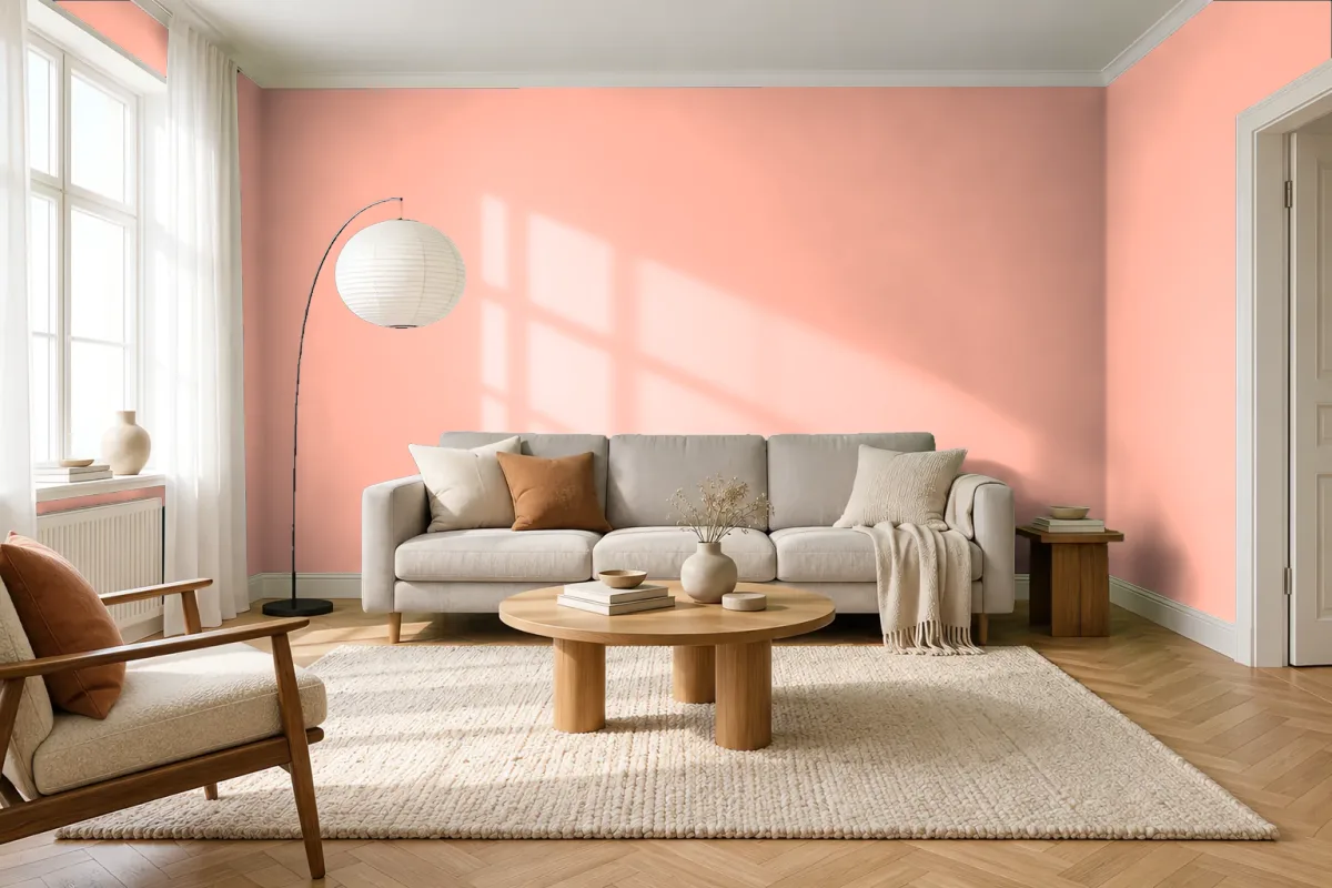 Краска PANTONE 14-1228 Peach Nectar — гостиная в скандинавском стиле