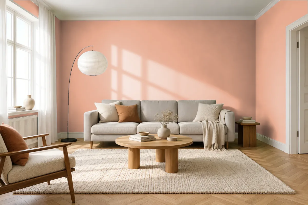 Краска PANTONE 14-1220 Peach Nougat — гостиная в скандинавском стиле