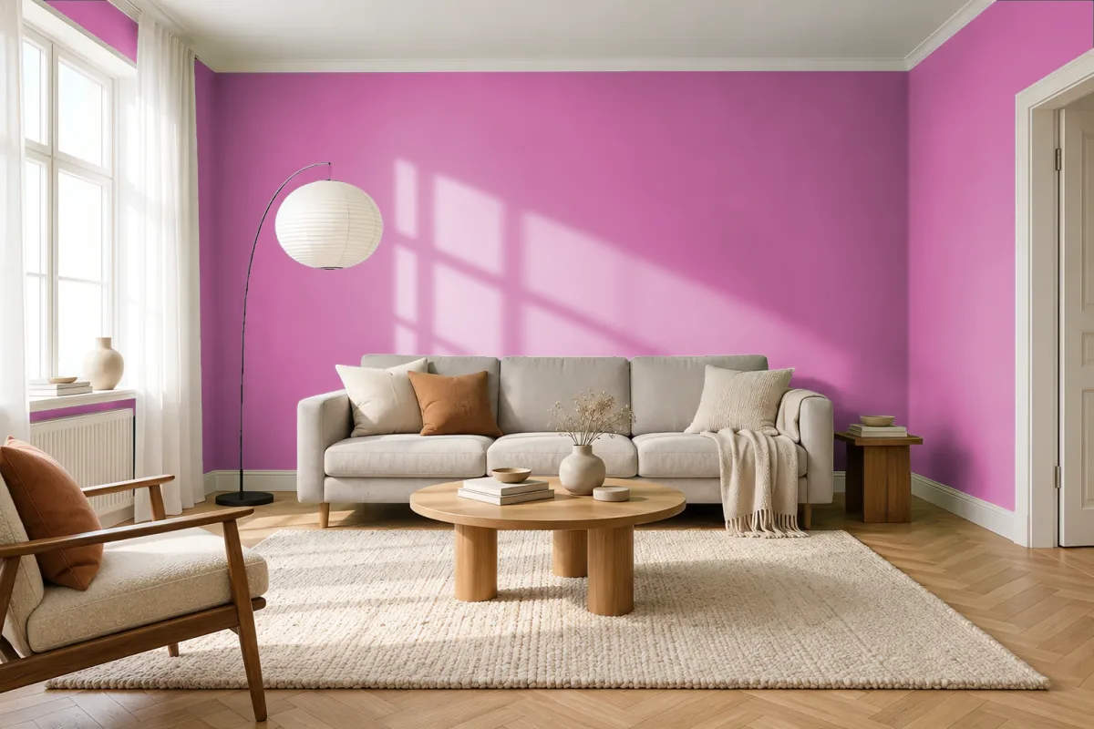 Краска PANTONE 17-2627 Phlox Pink — гостиная в скандинавском стиле