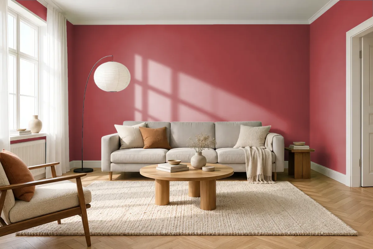 Краска PANTONE 18-1658 Pompeian Red — гостиная в скандинавском стиле