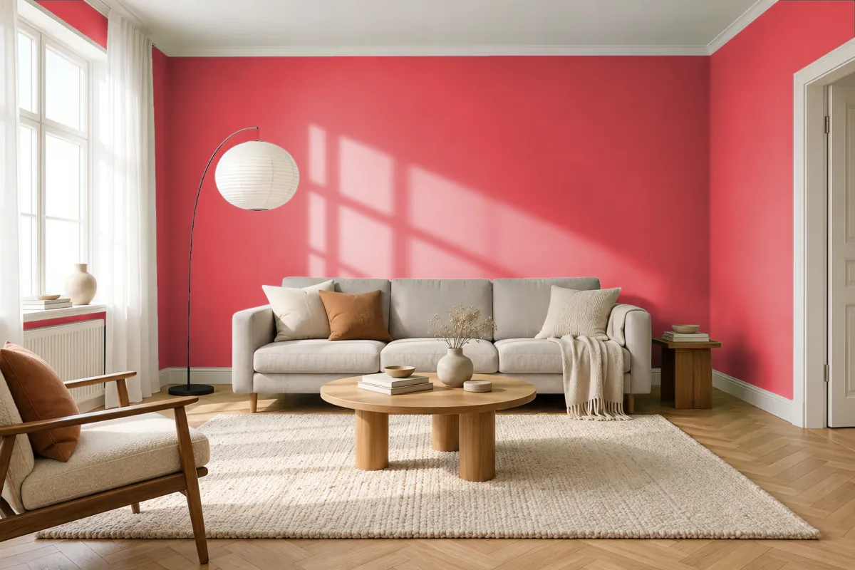 Краска PANTONE 17-1664 Poppy Red — гостиная в скандинавском стиле