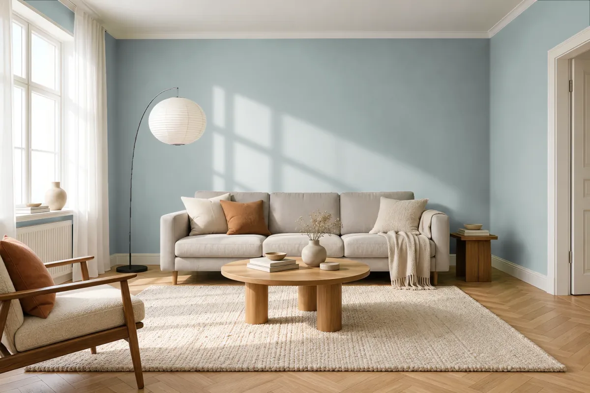 Краска PANTONE 15-4702 Puritan Gray — гостиная в скандинавском стиле