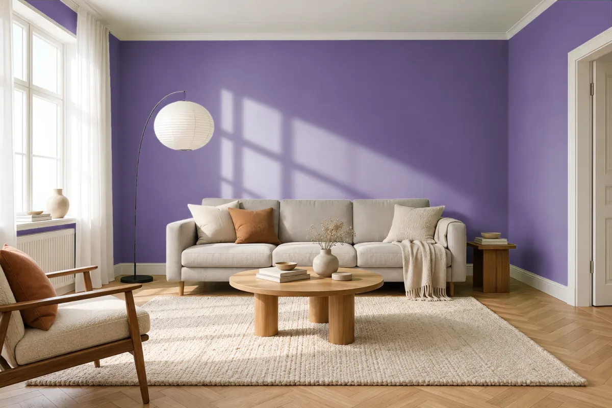 Краска PANTONE 18-3520 Purple Heart — гостиная в скандинавском стиле