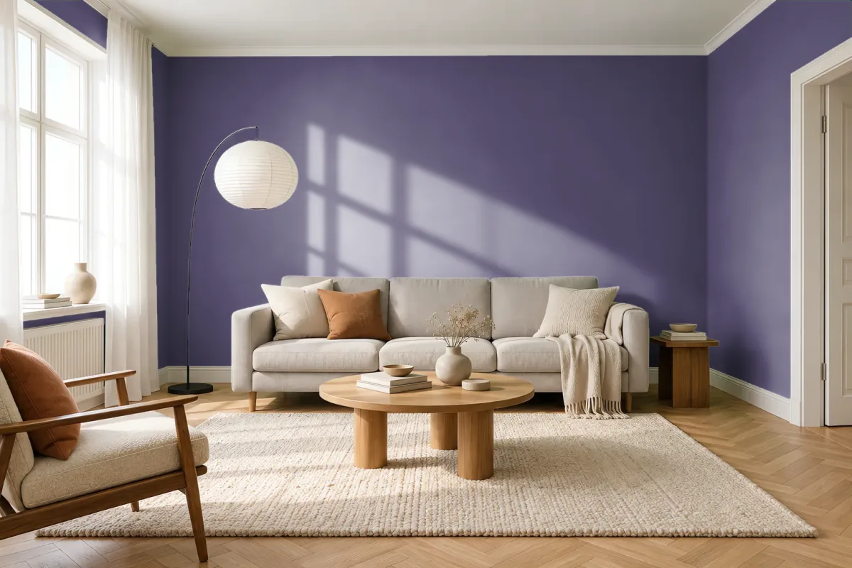 Краска PANTONE 19-3620 Purple Reign — гостиная в скандинавском стиле