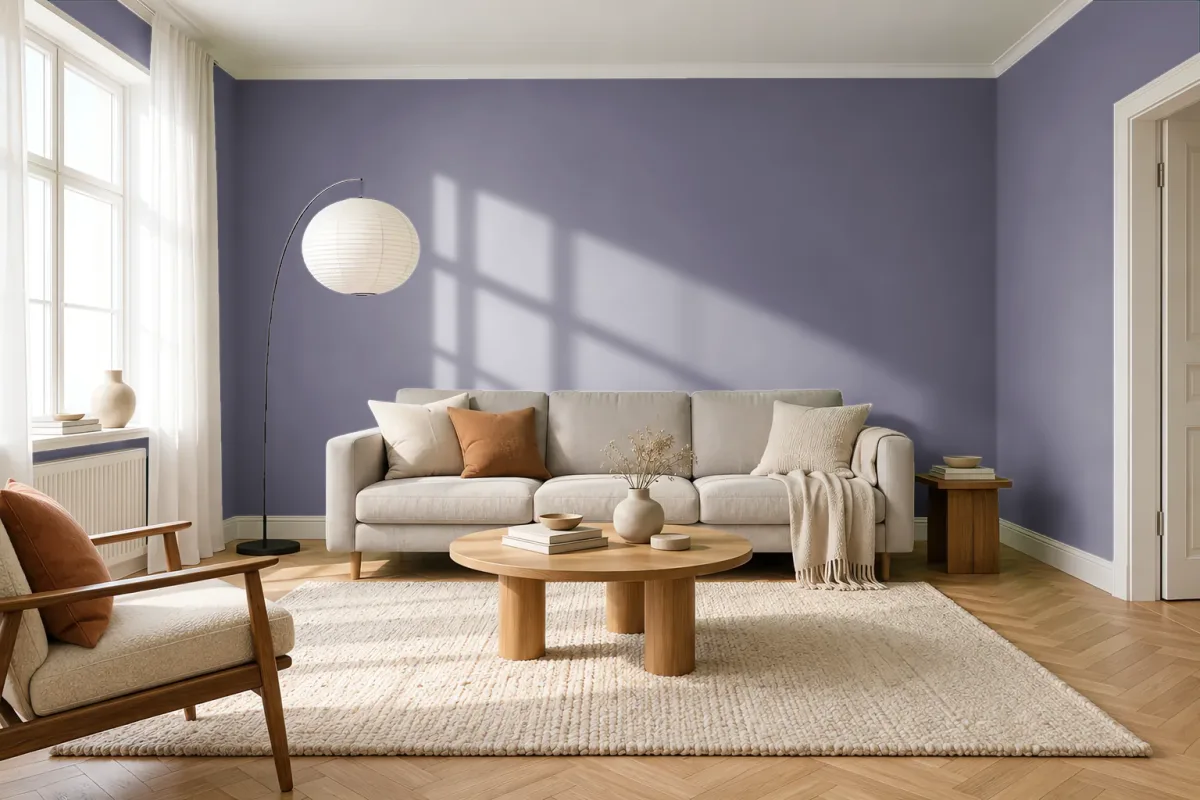 Краска PANTONE 18-3712 Purple Sage — гостиная в скандинавском стиле