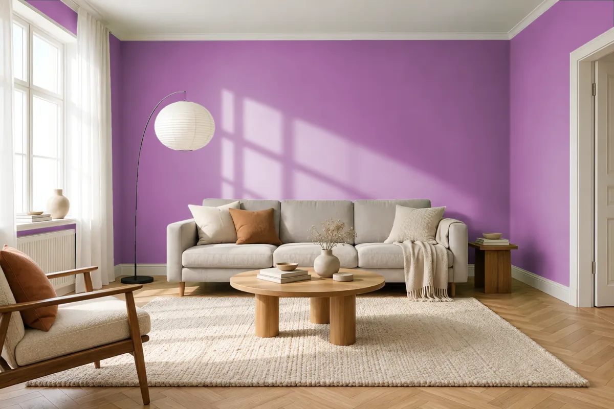 Краска PANTONE 18-3224 Radiant Orchid — гостиная в скандинавском стиле