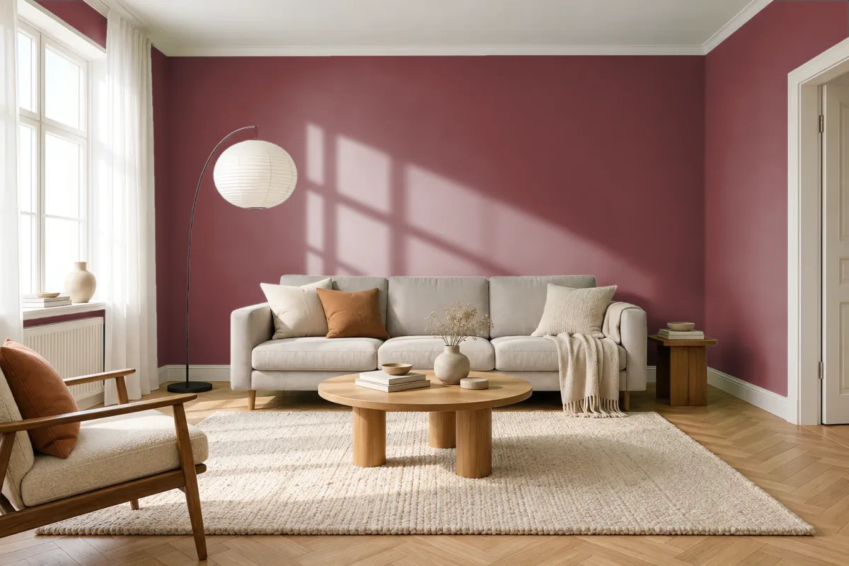Краска PANTONE 19-1536 Red Pear — гостиная в скандинавском стиле