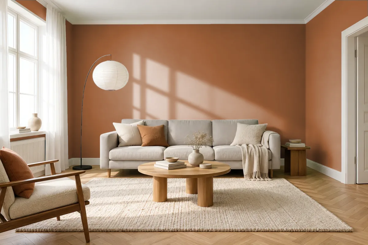 Краска PANTONE 17-1052 Roasted Pecan — гостиная в скандинавском стиле