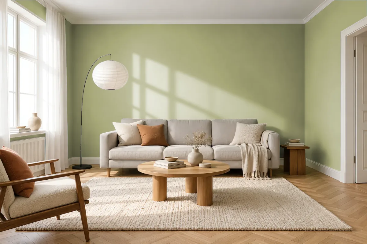 Краска PANTONE 15-0318 Sage Green — гостиная в скандинавском стиле
