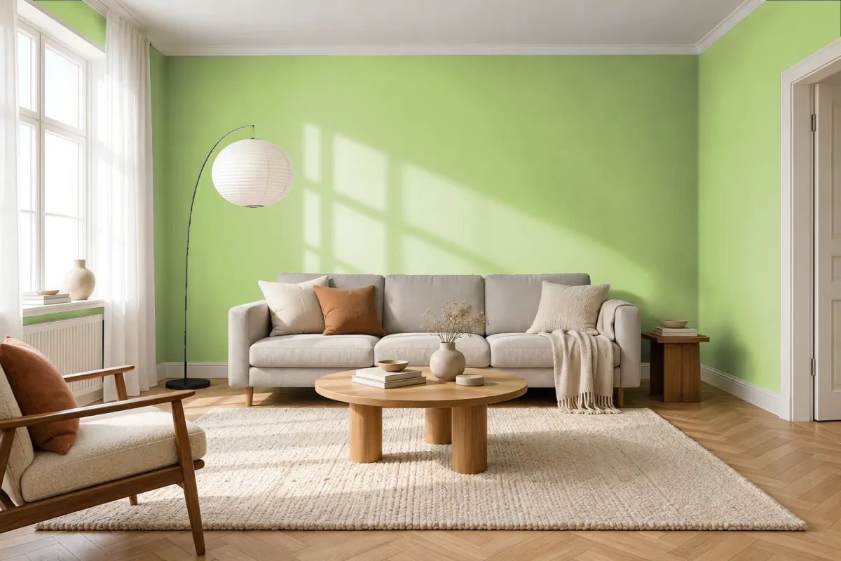 Краска PANTONE 13-0331 Sap Green — гостиная в скандинавском стиле