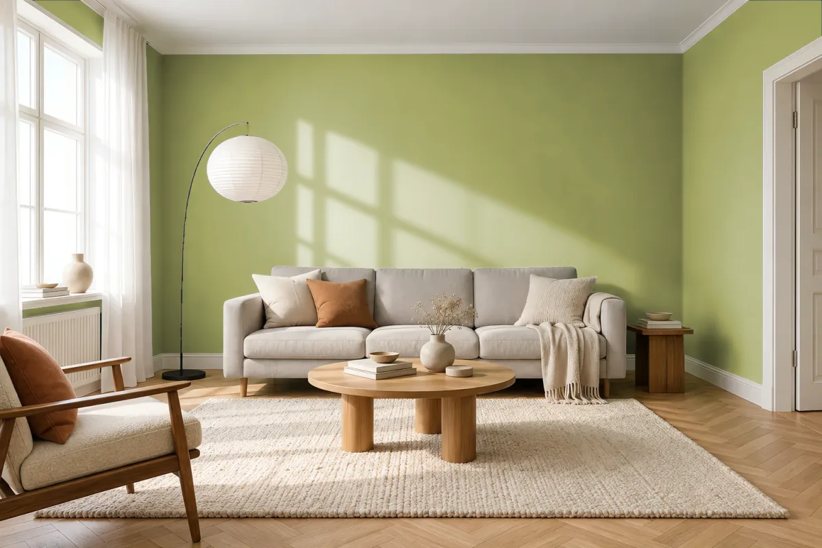 Краска PANTONE 15-0531 Sweet Pea — гостиная в скандинавском стиле