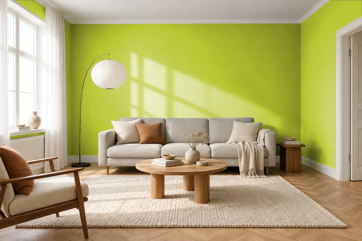 Краска PANTONE 14-0446 Tender Shoots — гостиная в скандинавском стиле