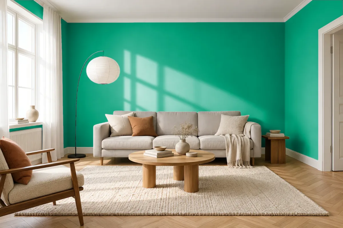 Краска PANTONE 17-5638 Vivid Green — гостиная в скандинавском стиле