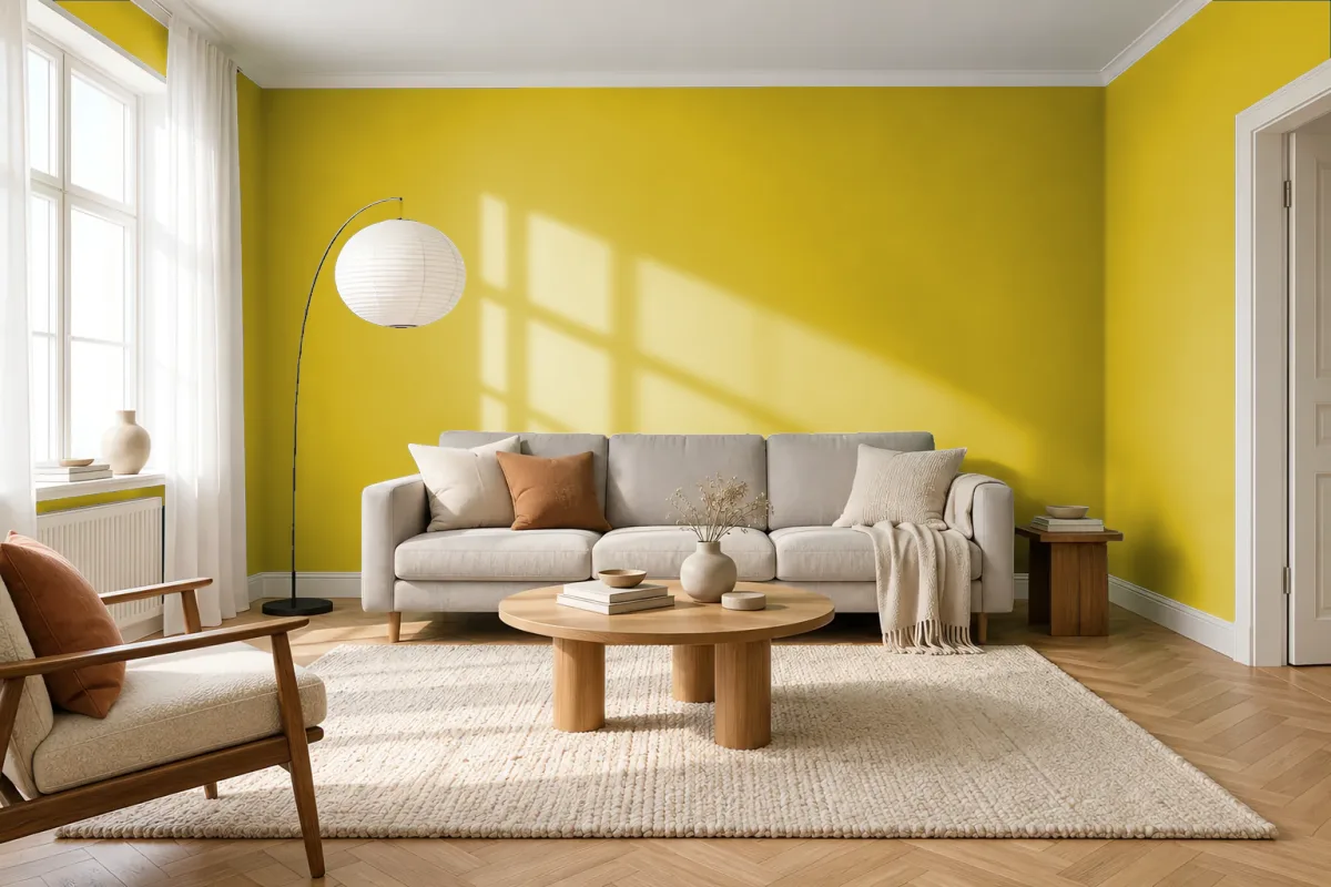 Краска PANTONE 15-0646 Warm Olive — гостиная в скандинавском стиле