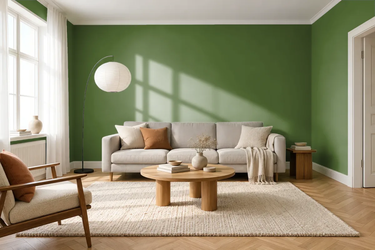 Краска PANTONE 18-0119 Willow Bough — гостиная в скандинавском стиле