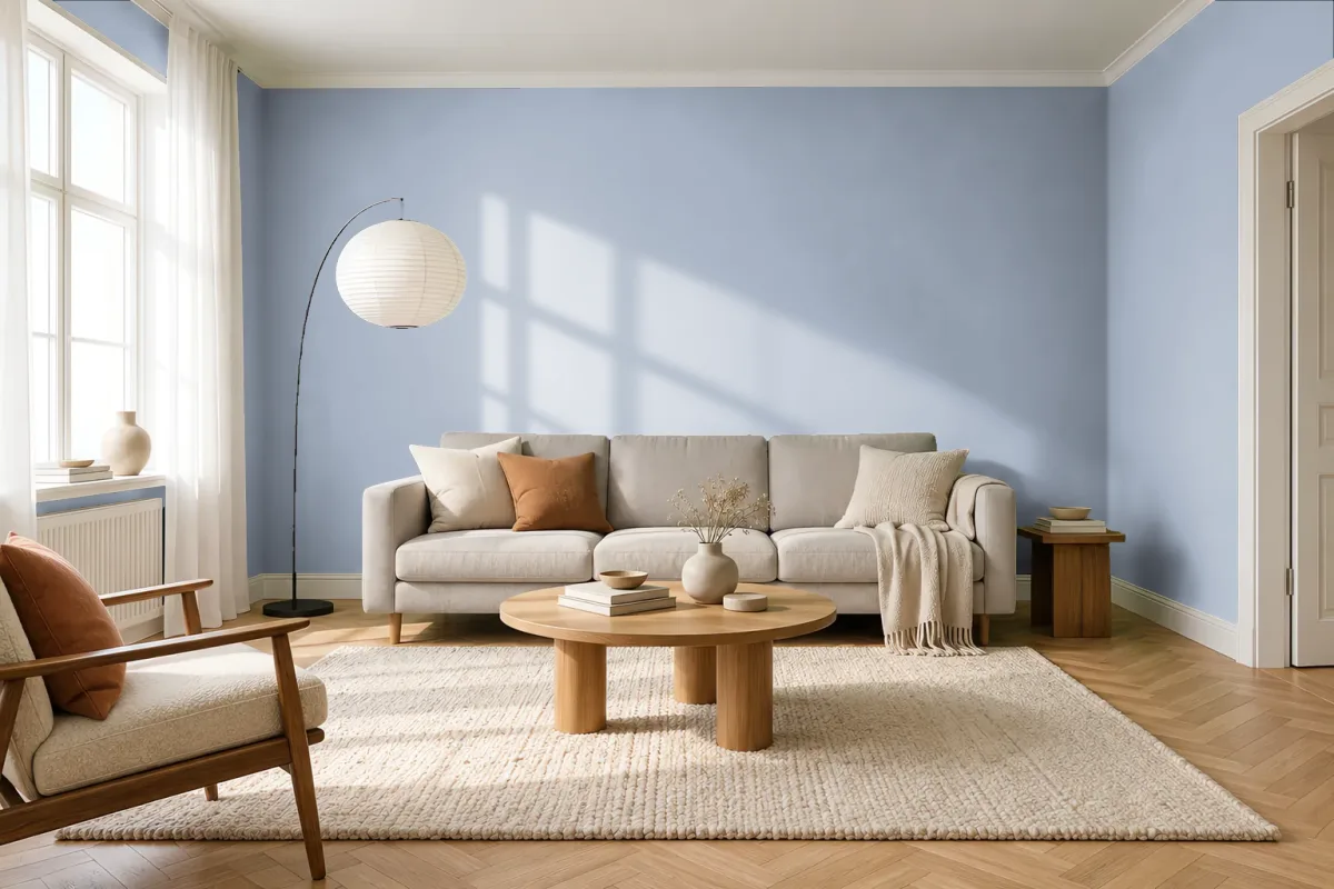 Краска PANTONE 14-3912 Zen Blue — гостиная в скандинавском стиле