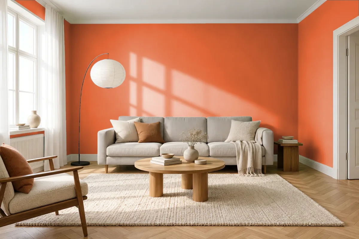 Краска PANTONE 166 C — гостиная в скандинавском стиле