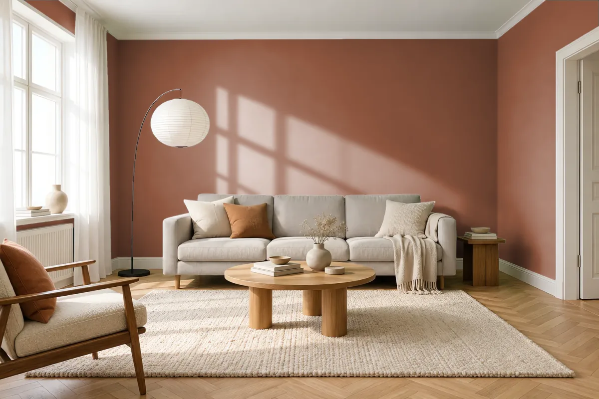 Краска PANTONE 1685 C — гостиная в скандинавском стиле