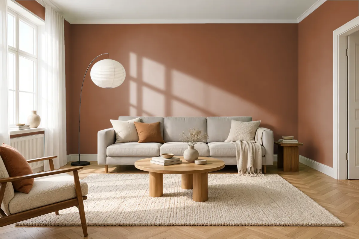 Краска PANTONE 725 C — гостиная в скандинавском стиле