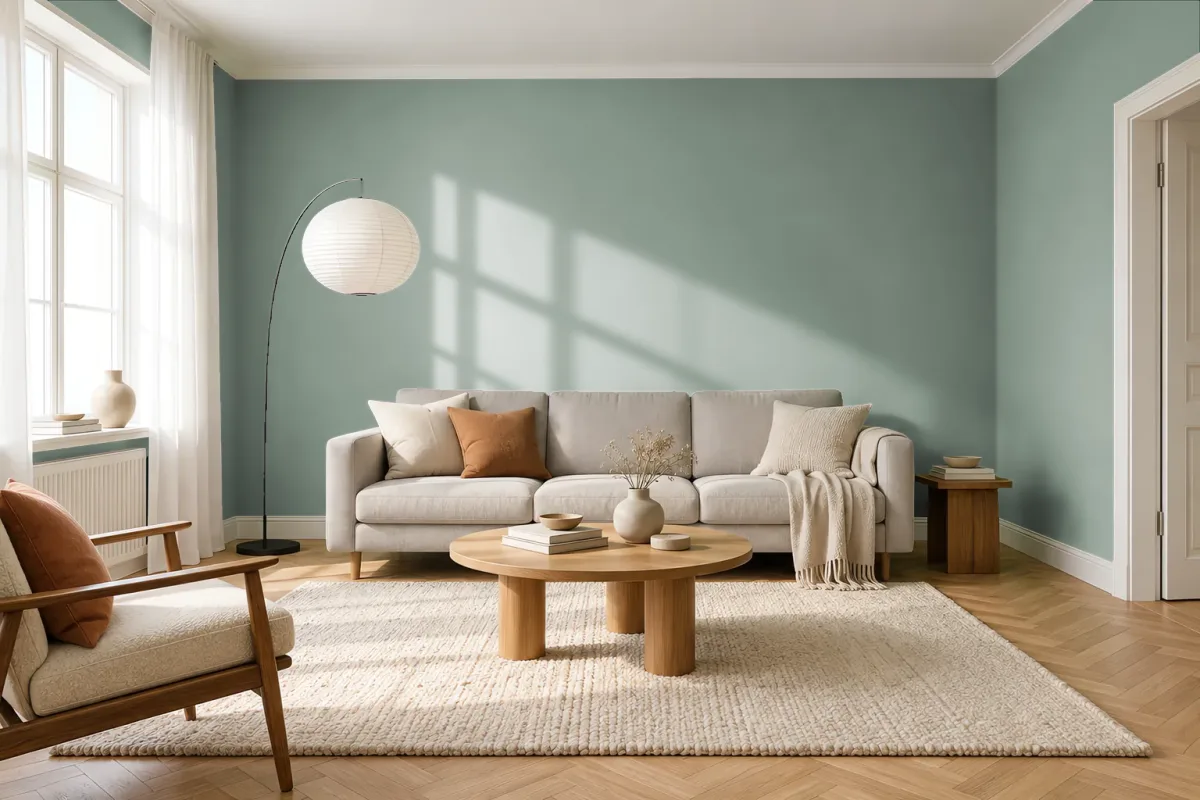 Краска PANTONE 5625 C — гостиная в скандинавском стиле
